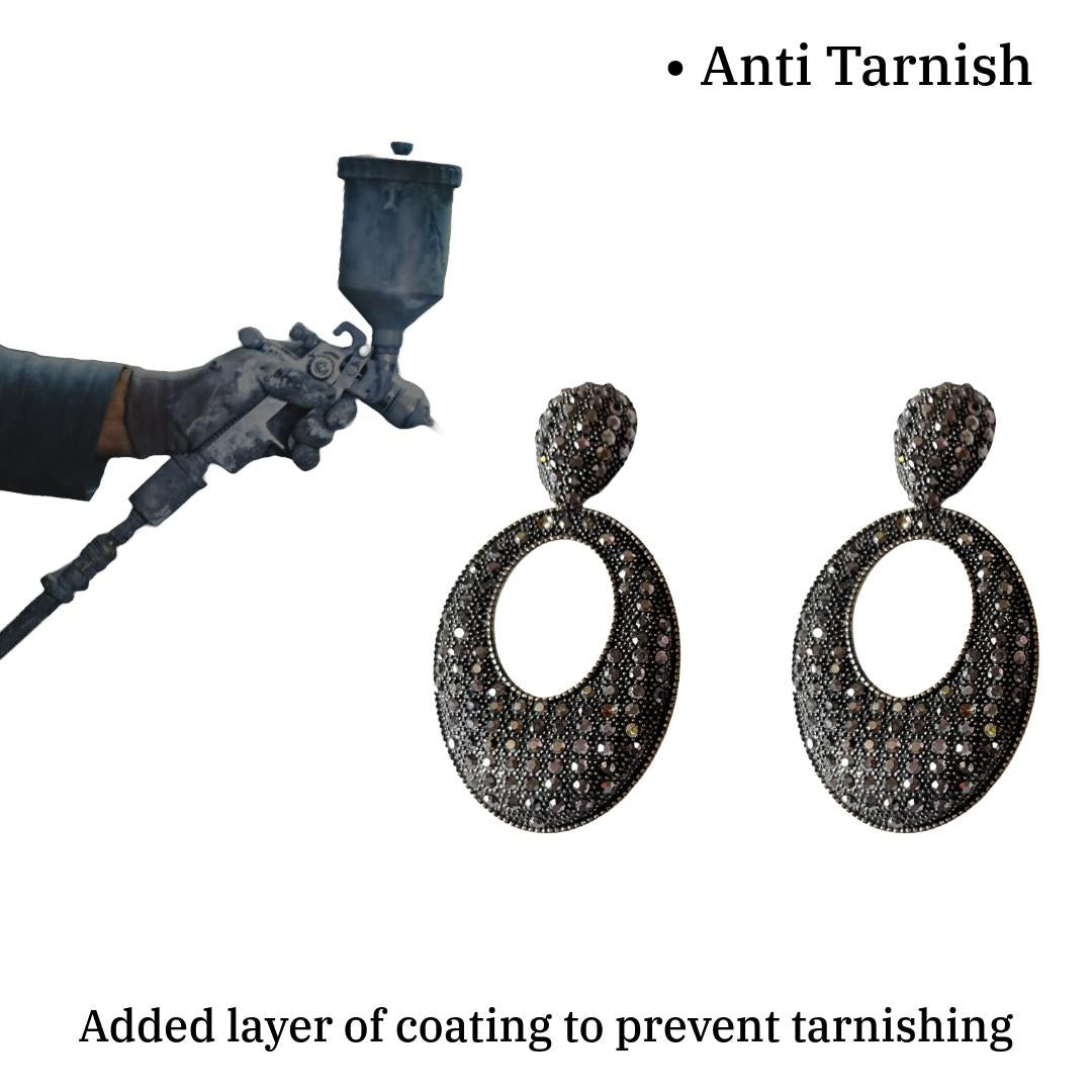 Oxidised Plated Black Crystal Drop Earrings, Oval Teardrop Shape, 7 cm, Studded Statement Dangle Earrings for Women, Anti Tarnish, Gift Packaged