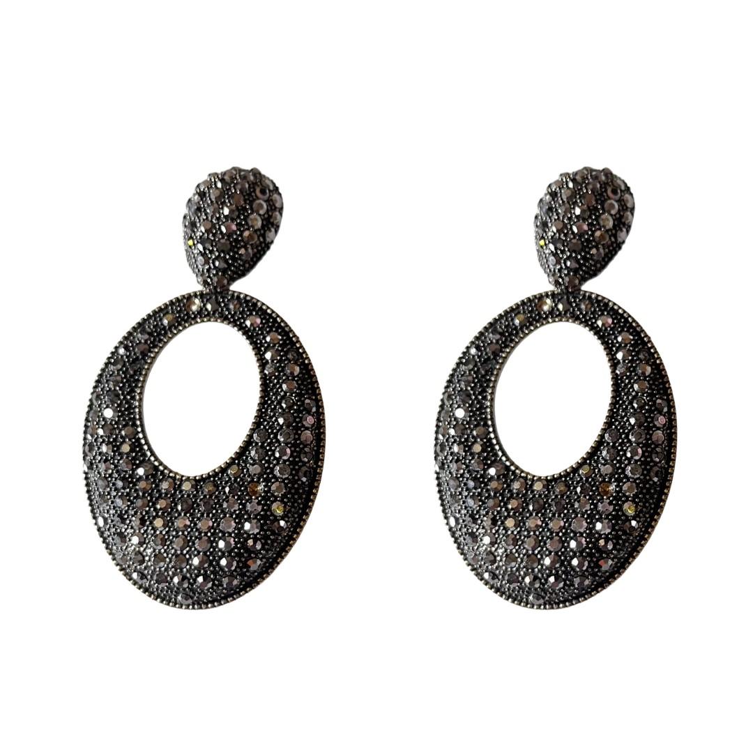 Oxidised Plated Black Crystal Drop Earrings, Oval Teardrop Shape, 7 cm, Studded Statement Dangle Earrings for Women, Anti Tarnish, Gift Packaged