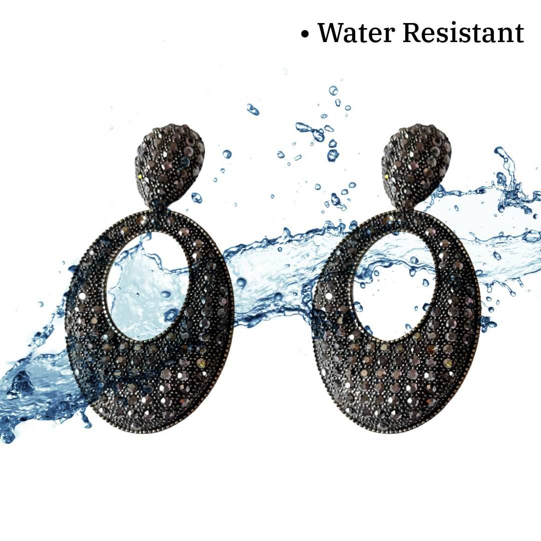 Oxidised Plated Black Crystal Drop Earrings, Oval Teardrop Shape, 7 cm, Studded Statement Dangle Earrings for Women, Anti Tarnish, Gift Packaged