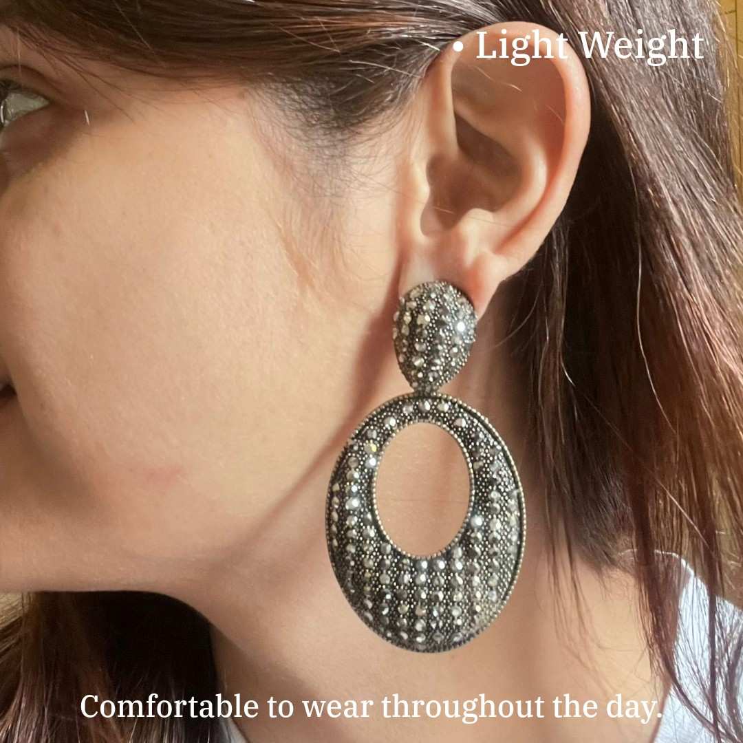 Oxidised Plated Black Crystal Drop Earrings, Oval Teardrop Shape, 7 cm, Studded Statement Dangle Earrings for Women, Anti Tarnish, Gift Packaged