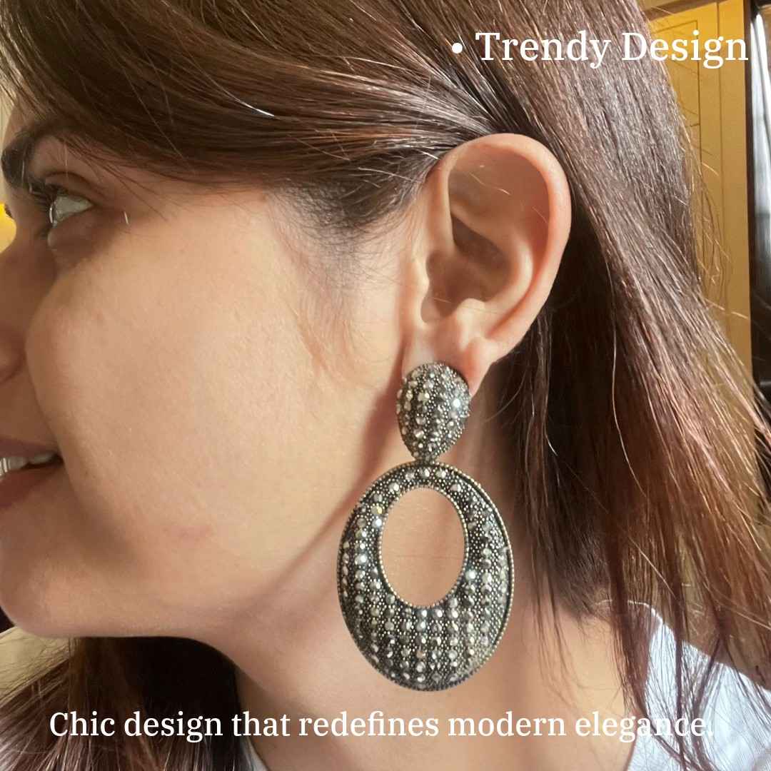 Oxidised Plated Black Crystal Drop Earrings, Oval Teardrop Shape, 7 cm, Studded Statement Dangle Earrings for Women, Anti Tarnish, Gift Packaged