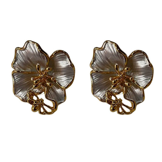 Pearl-Effect Flower Stud Earrings, Gold-Plated, White Earrings Flower Shaped, Anti Tarnish, Water Resistant, Lightweight, Gift Packaged