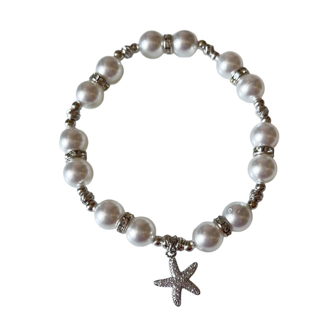 Pearl Bracelet with Crystal Starfish Charm, White Pearl Beaded Stretch Bracelet, Anti Tarnish, Water Resistant, Lightweight, Gift Packaged
