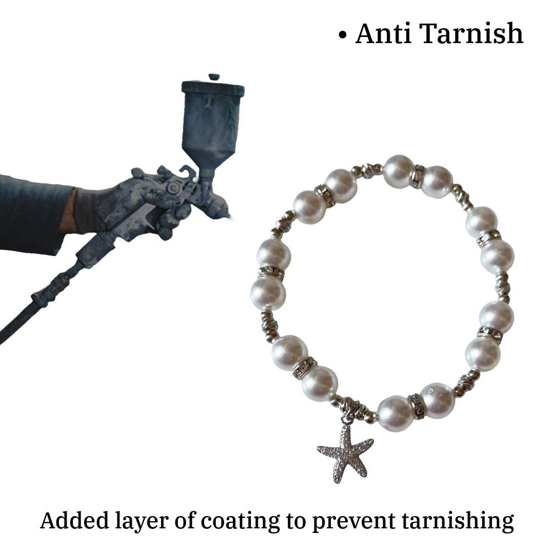 Pearl Bracelet with Crystal Starfish Charm, White Pearl Beaded Stretch Bracelet, Anti Tarnish, Water Resistant, Lightweight, Gift Packaged