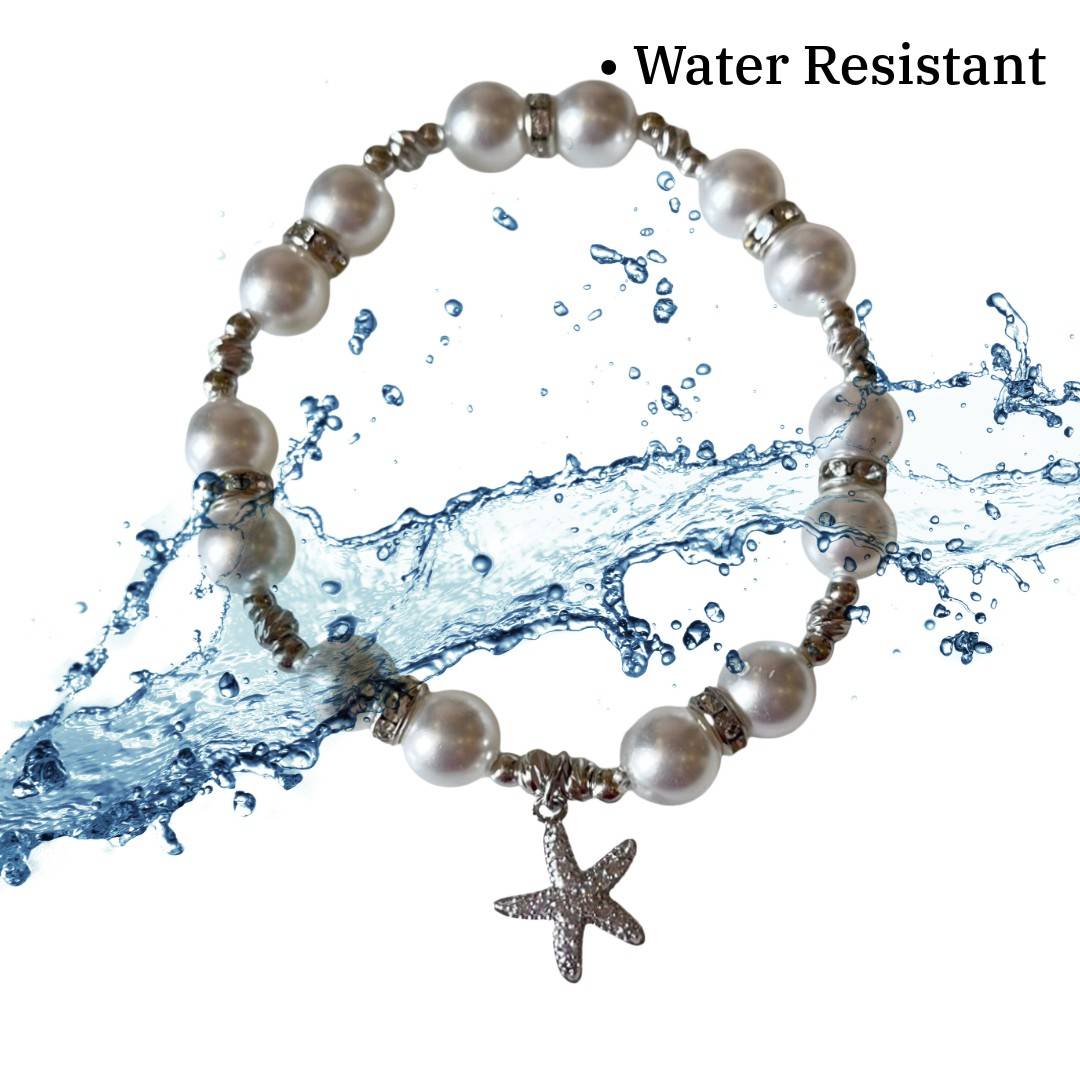 Pearl Bracelet with Crystal Starfish Charm, White Pearl Beaded Stretch Bracelet, Anti Tarnish, Water Resistant, Lightweight, Gift Packaged