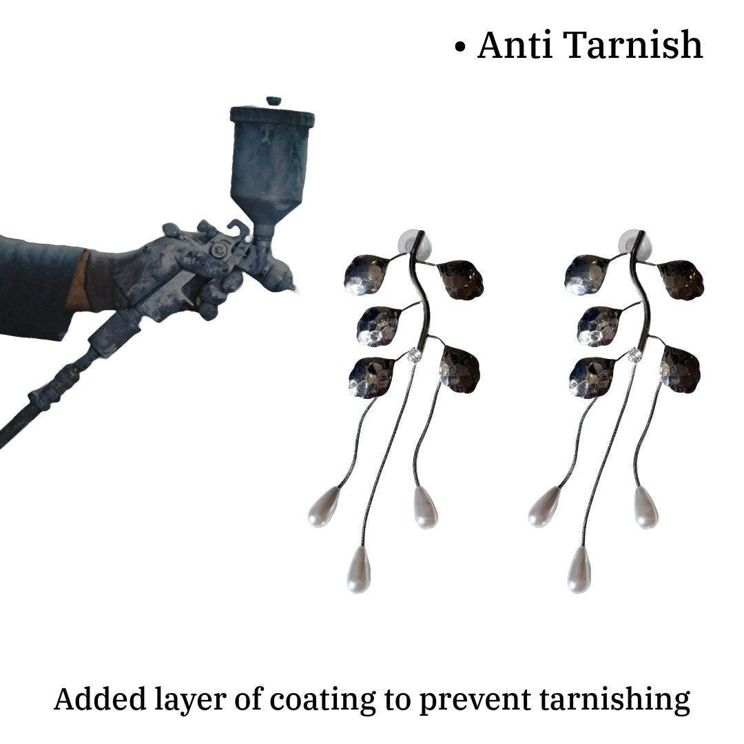 Pearl Drop Dangle Earrings For Women, Silver Leaf Design, White, Anti Tarnish, Water Resistant, Western Style, Lightweight, Gift Packaged