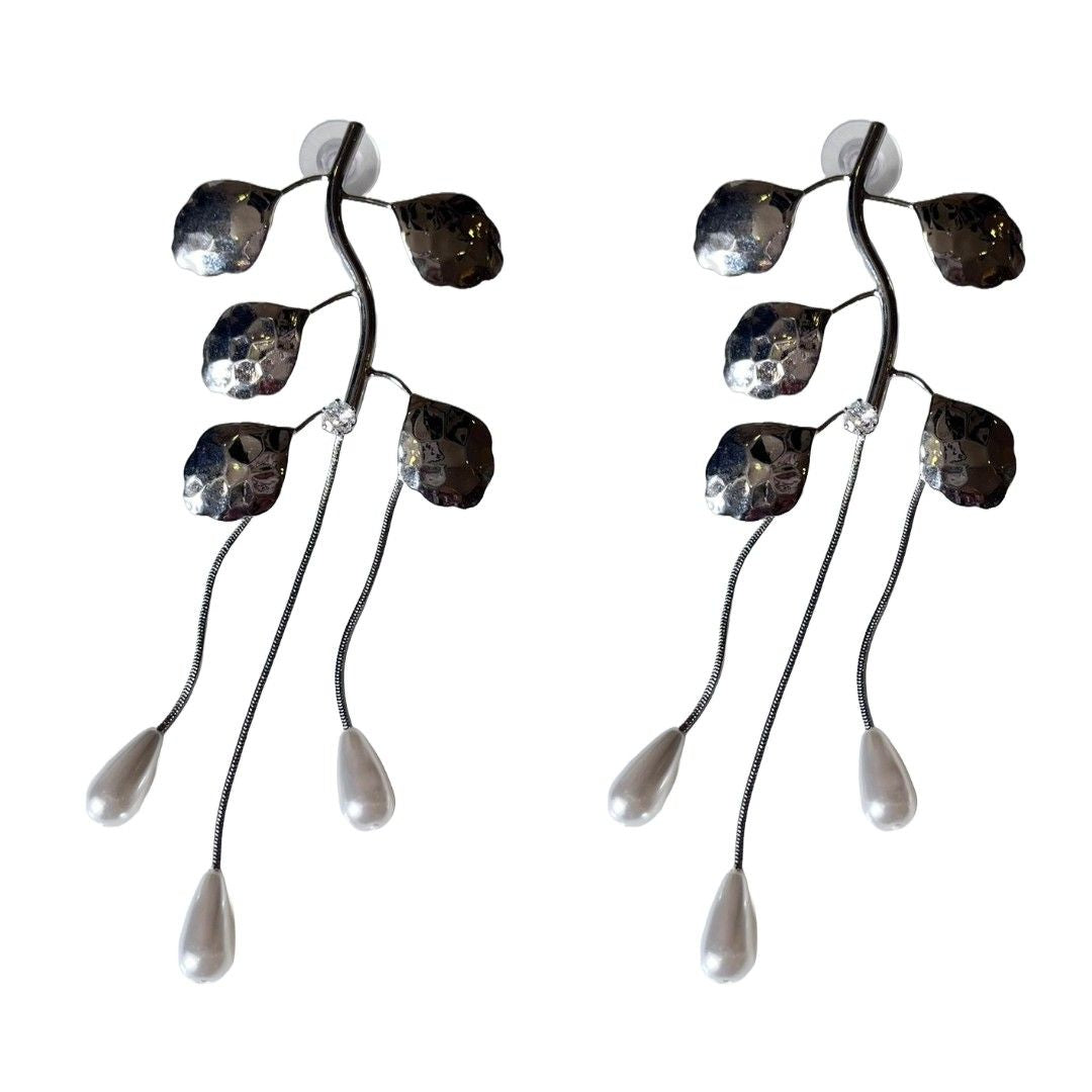 Pearl Drop Dangle Earrings For Women, Silver Leaf Design, White, Anti Tarnish, Water Resistant, Western Style, Lightweight, Gift Packaged