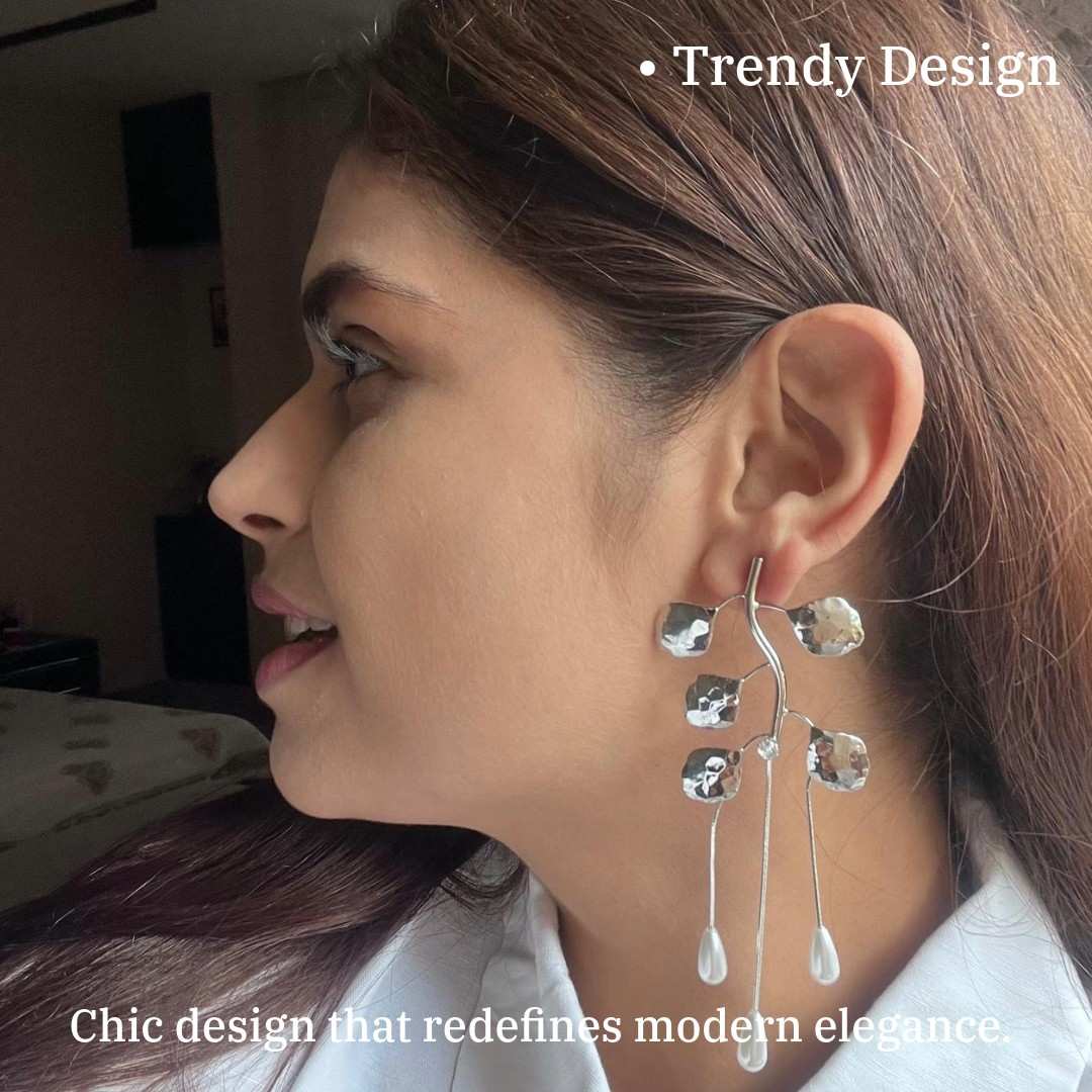 Pearl Drop Dangle Earrings For Women, Silver Leaf Design, White, Anti Tarnish, Water Resistant, Western Style, Lightweight, Gift Packaged