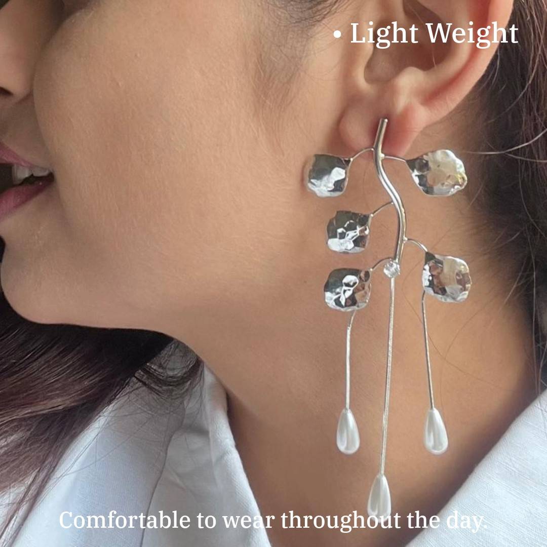 Pearl Drop Dangle Earrings For Women, Silver Leaf Design, White, Anti Tarnish, Water Resistant, Western Style, Lightweight, Gift Packaged