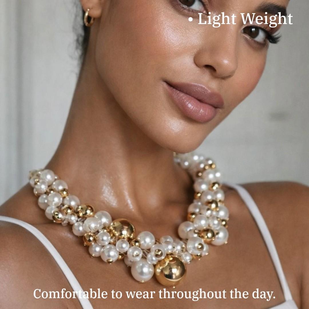 Pearl and Gold Ball Statement Necklace, Fashion Jewellery for Women, Anti Tarnish, Water Resistant, Lightweight, Gift Packaged