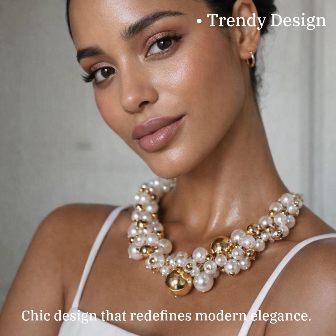 Pearl and Gold Ball Statement Necklace, Fashion Jewellery for Women, Anti Tarnish, Water Resistant, Lightweight, Gift Packaged