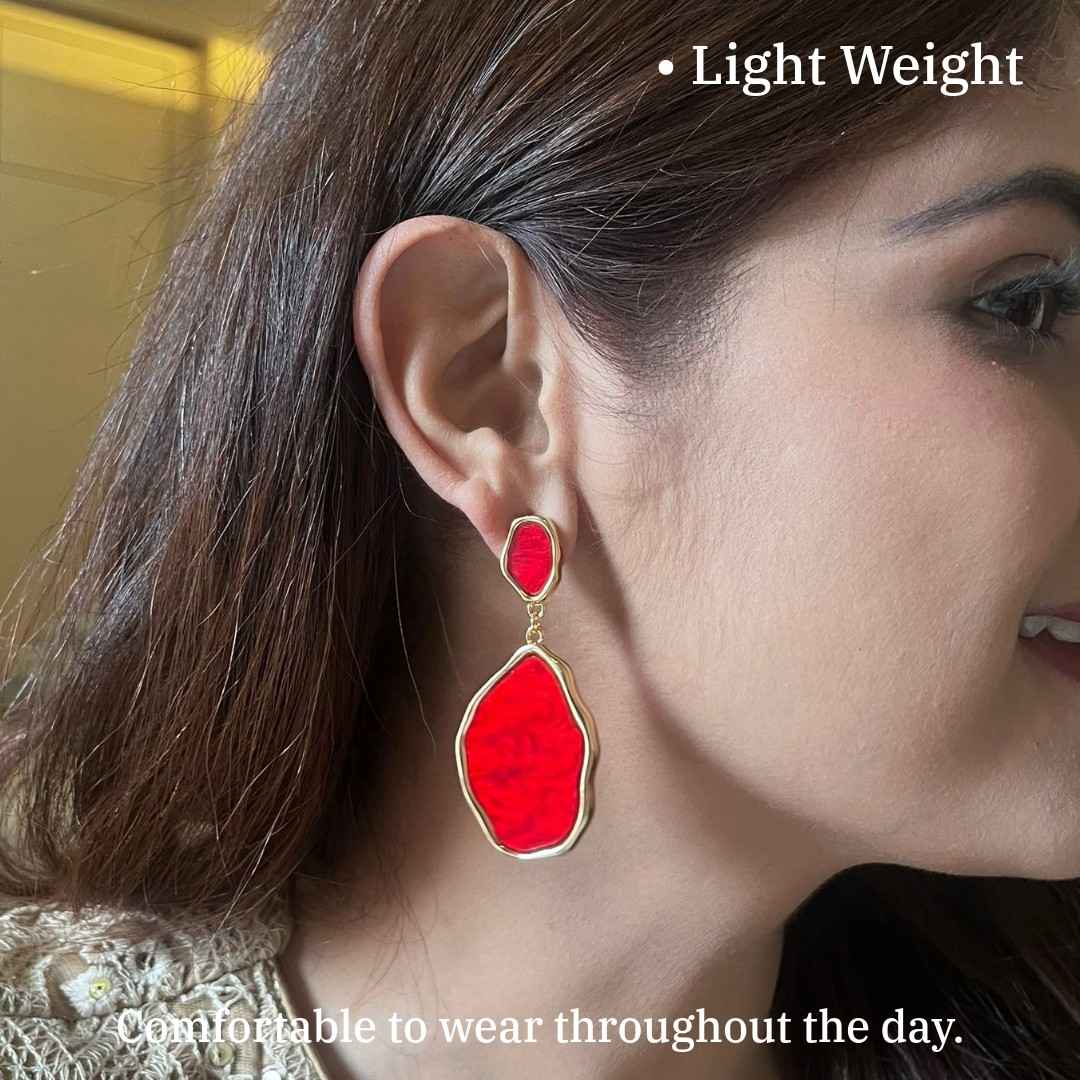 Red Earrings, Gold-Plated Statement Dangle Earrings for Women, Geometric Design, Anti Tarnish, Water Resistant, Lightweight, Gift Packaged