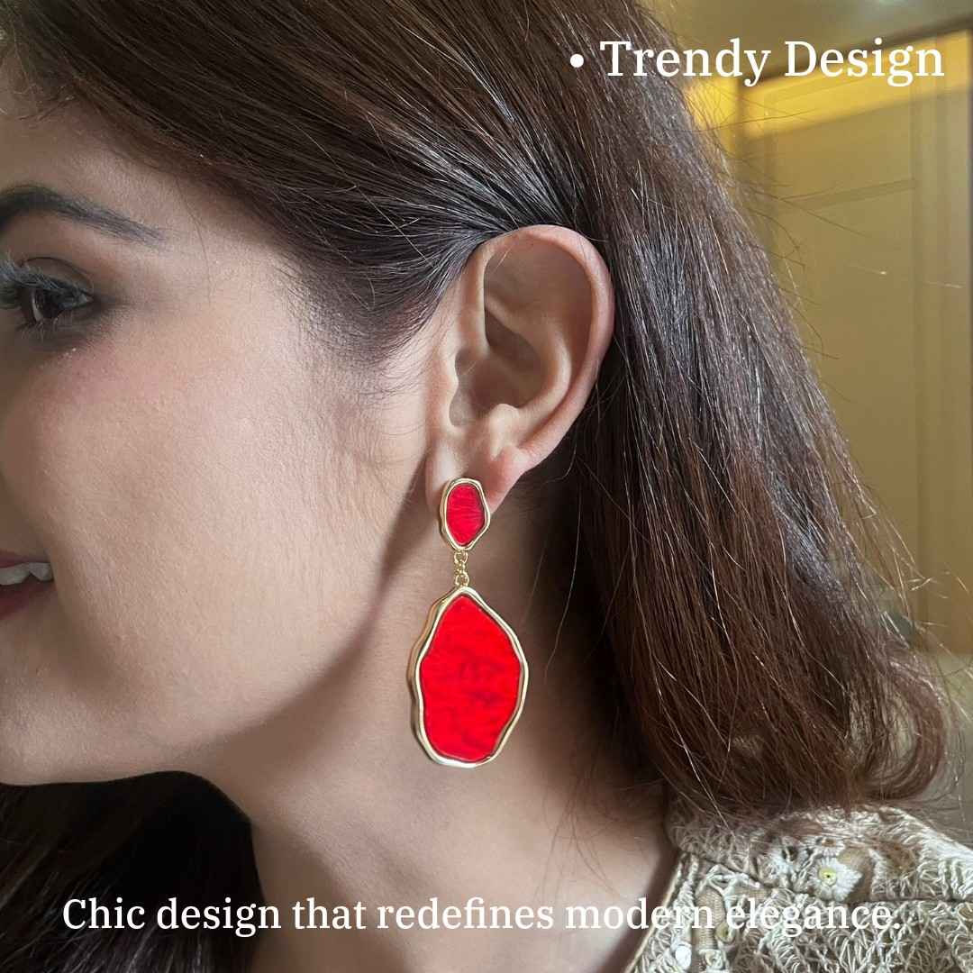 Red Earrings, Gold-Plated Statement Dangle Earrings for Women, Geometric Design, Anti Tarnish, Water Resistant, Lightweight, Gift Packaged