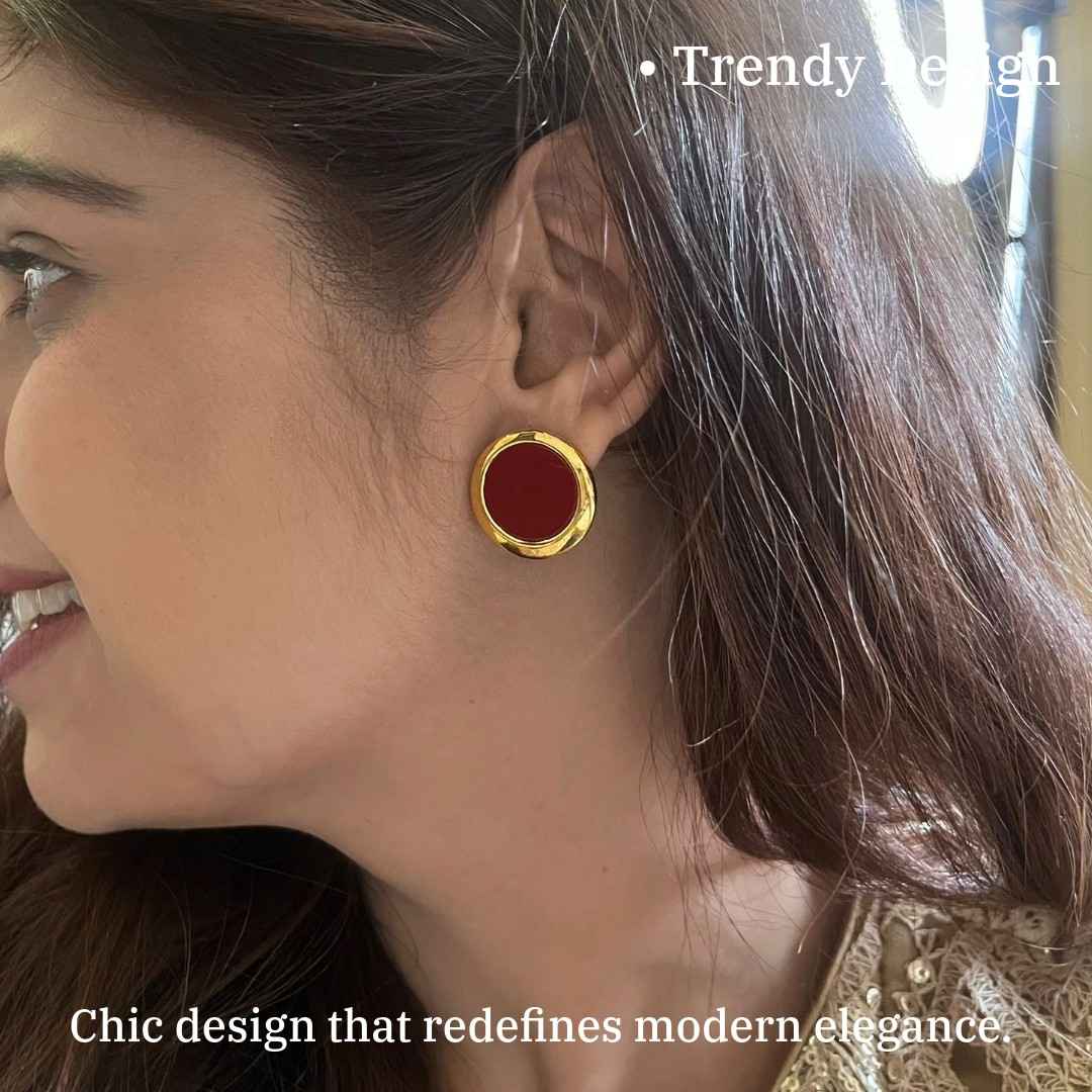 Red Earrings, Round Stud Earrings for Women, Gold Plated, Anti Tarnish, Water Resistant, Lightweight, Gift Packaged