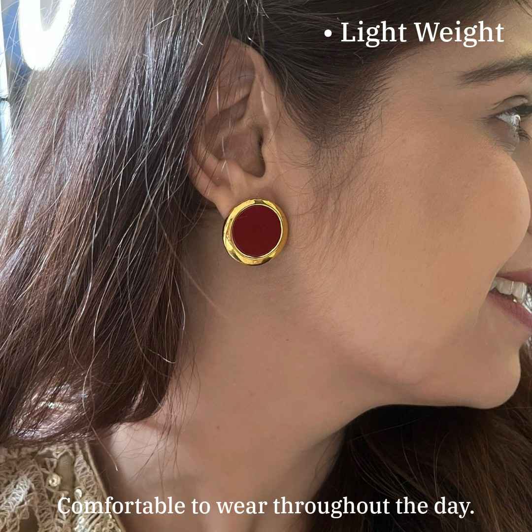 Red Earrings, Round Stud Earrings for Women, Gold Plated, Anti Tarnish, Water Resistant, Lightweight, Gift Packaged