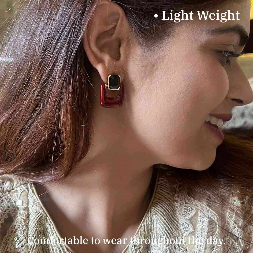 Red Earrings, Square Crystal Stud Earrings for Women, Gold Plated, Anti Tarnish, Water Resistant, Lightweight, Gift Packaged