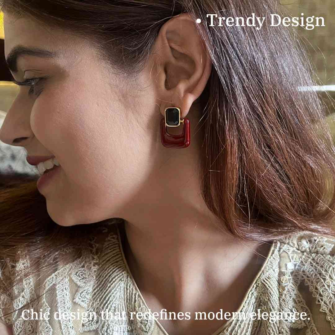 Red Earrings, Square Crystal Stud Earrings for Women, Gold Plated, Anti Tarnish, Water Resistant, Lightweight, Gift Packaged