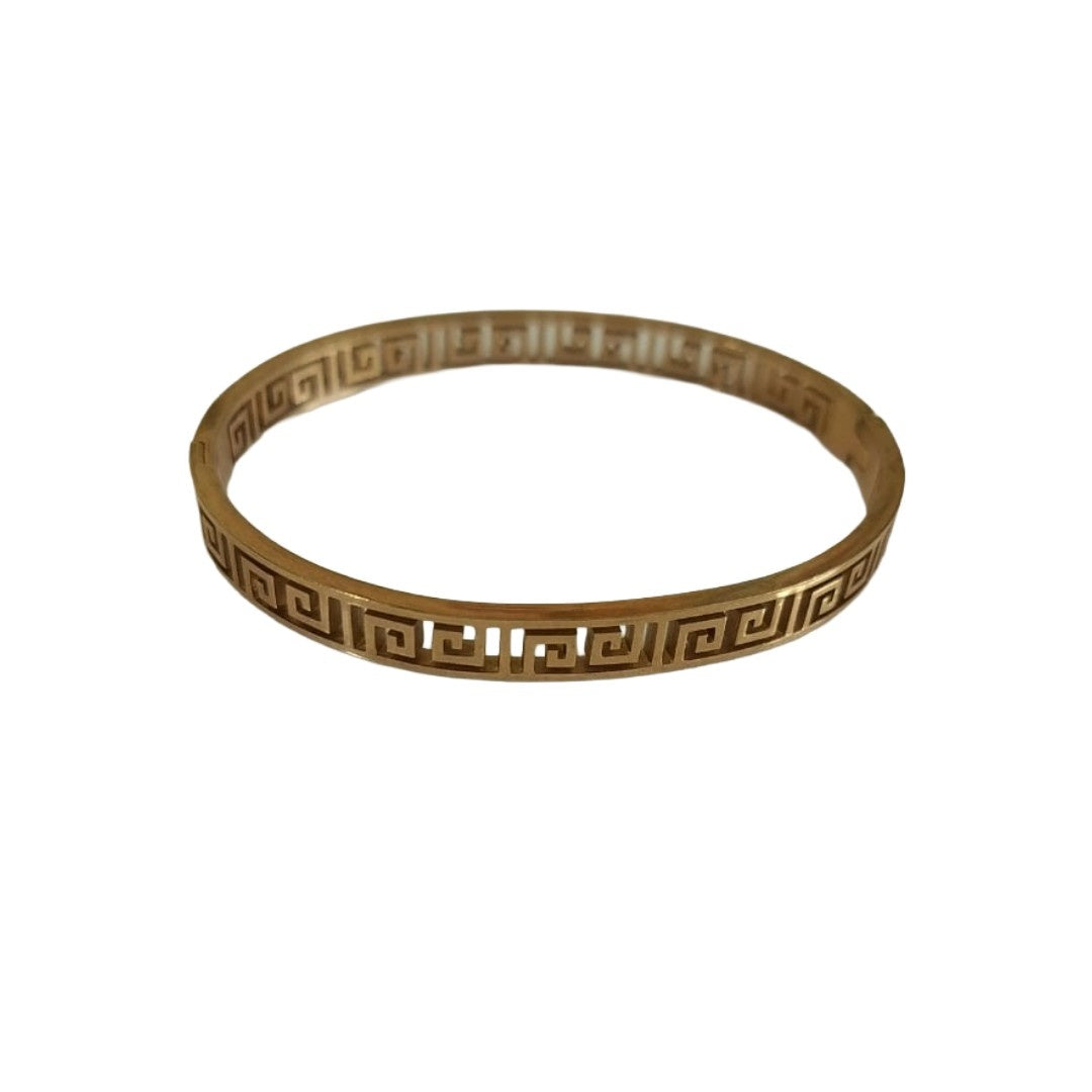 Rose Gold Plated Bangle Bracelet with Greek Key Pattern, 6.5 cm, Geometric Design, Anti Tarnish, Water Resistant, Lightweight, Gift Packaged