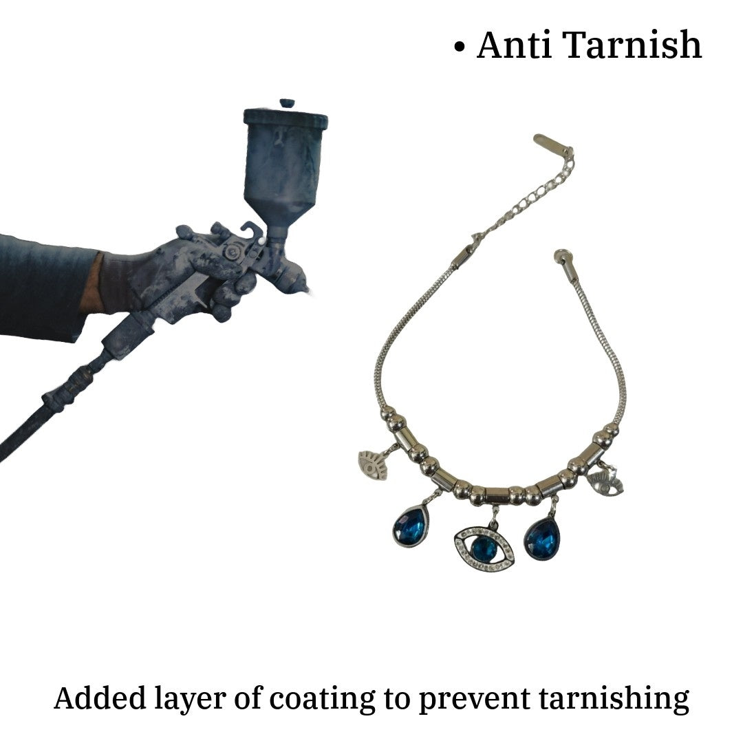 Silver Chain Bracelet with Blue Crystal Eye Charms, Adjustable, Evil Eye Theme, Anti Tarnish, Water Resistant, Lightweight, Gift Packaged