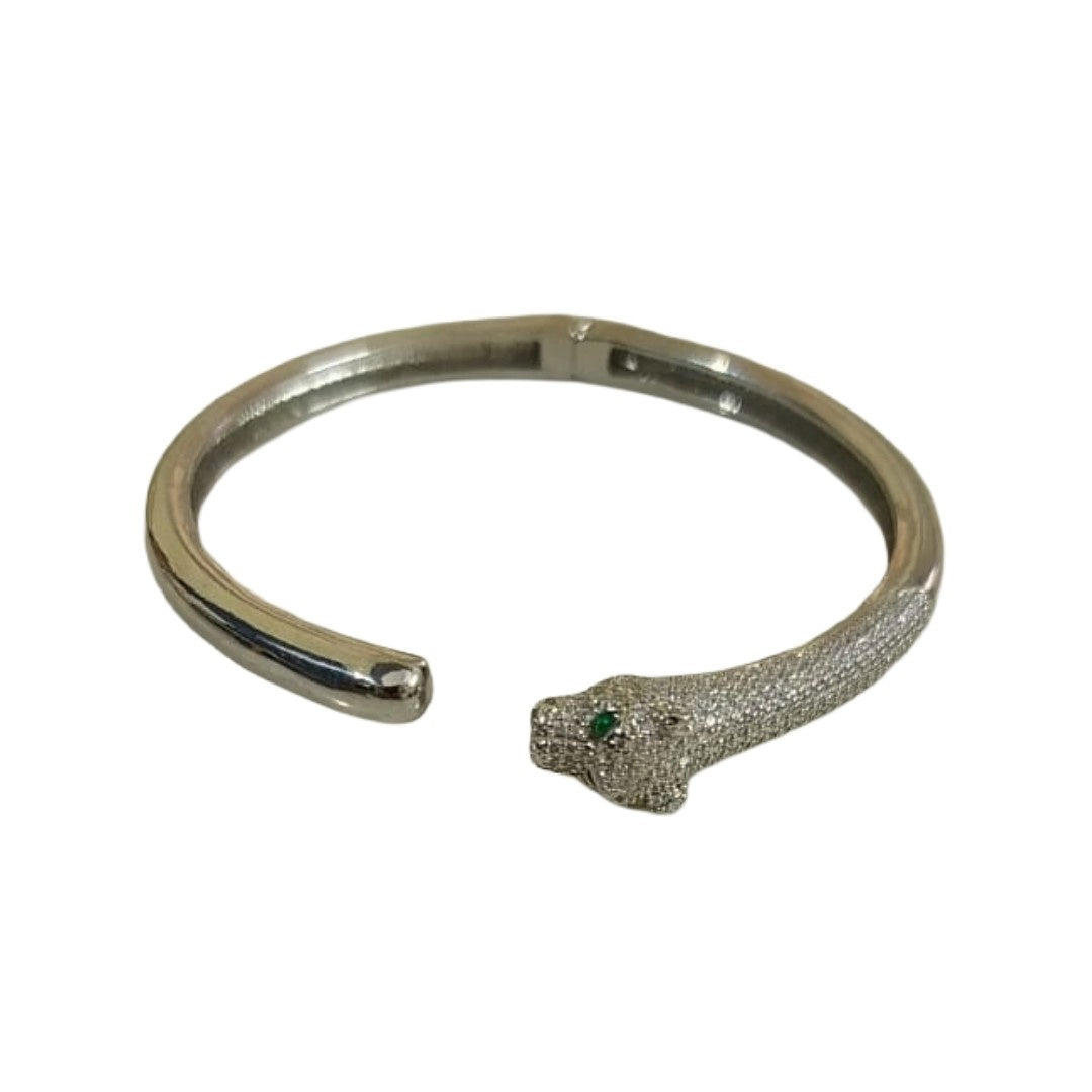 Silver Panther Cuff Bracelet, Open Bangle, Green Eyes, Textured Metal Design, Anti Tarnish, Water Resistant, Lightweight, Gift Packaged