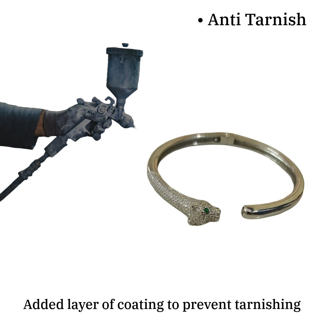 Silver Panther Cuff Bracelet, Open Bangle, Green Eyes, Textured Metal Design, Anti Tarnish, Water Resistant, Lightweight, Gift Packaged