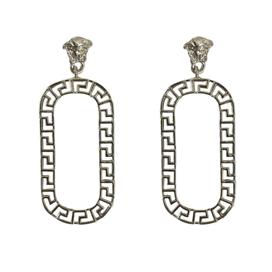 Silver Plated Drop Dangle Earrings For Women, 7 cm, Greek Key Pattern, Oval Shape, Anti Tarnish, Water Resistant, Lightweight, Gift Packaged