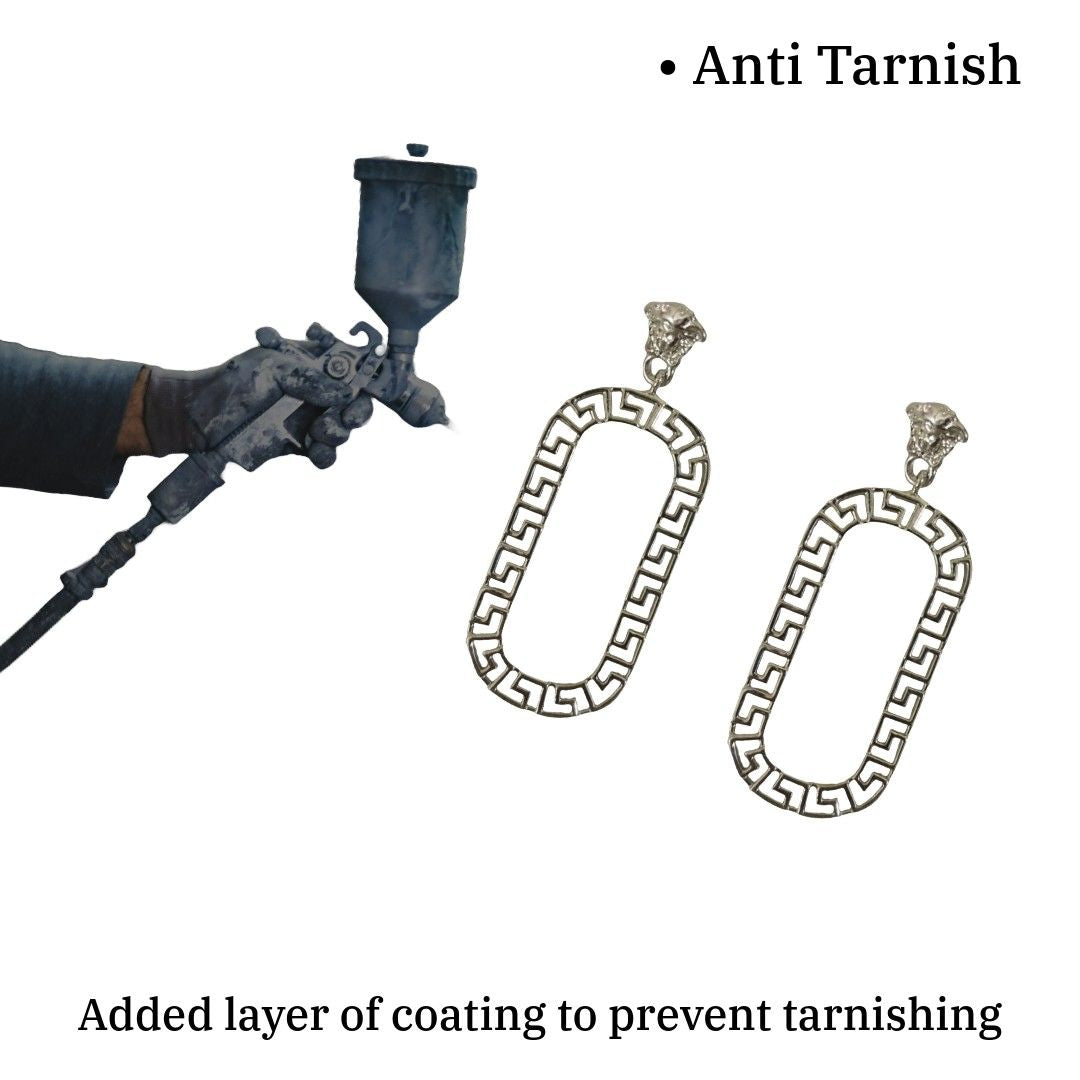 Silver Plated Drop Dangle Earrings For Women, 7 cm, Greek Key Pattern, Oval Shape, Anti Tarnish, Water Resistant, Lightweight, Gift Packaged