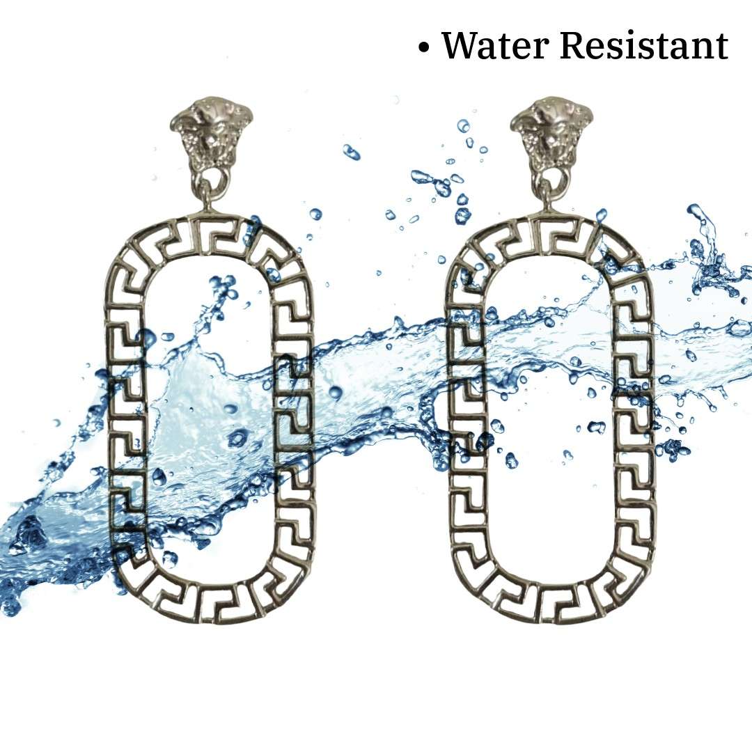 Silver Plated Drop Dangle Earrings For Women, 7 cm, Greek Key Pattern, Oval Shape, Anti Tarnish, Water Resistant, Lightweight, Gift Packaged