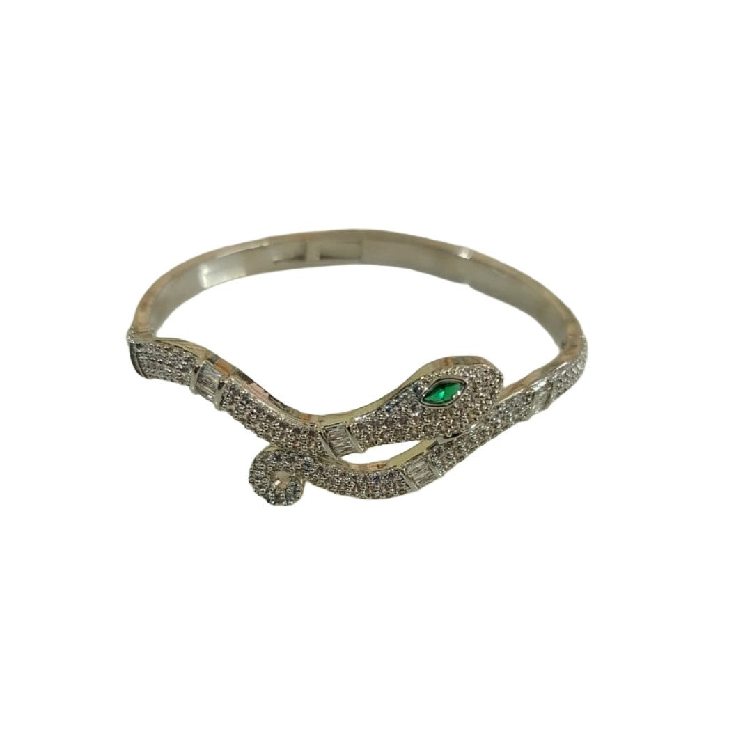 Silver Plated Snake Bangle Bracelet with Green Eye, Crystal Embellished, Adjustable Jewelry, Anti Tarnish, Water Resistant, Lightweight, Gift Packaged