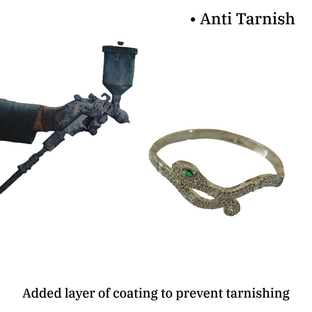 Silver Plated Snake Bangle Bracelet with Green Eye, Crystal Embellished, Adjustable Jewelry, Anti Tarnish, Water Resistant, Lightweight, Gift Packaged