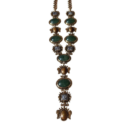 Jewellery Hat Silver Plated Statement Necklace For Women, 38 cm, Green Jade and Bronze Stones, Anti Tarnish, Water Resistant, Lightweight, Gift Packaged