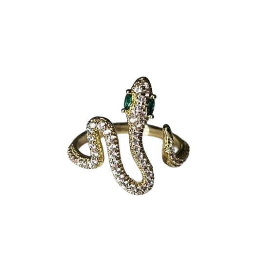 Snake Ring For Women, Gold Plated Fashion Ring, Adjustable Wrap Style with Emerald Green Eyes, Anti Tarnish Water Resistant, Lightweight