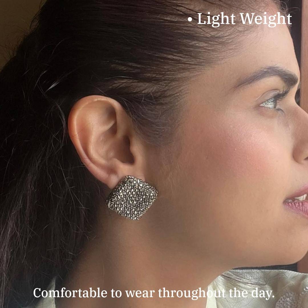 Square Crystal Stud Earrings For Women, 2.5 cm, Gold-Plated, Pave Setting, Anti Tarnish, Water Resistant, Lightweight, Western Style, Gift Packaged