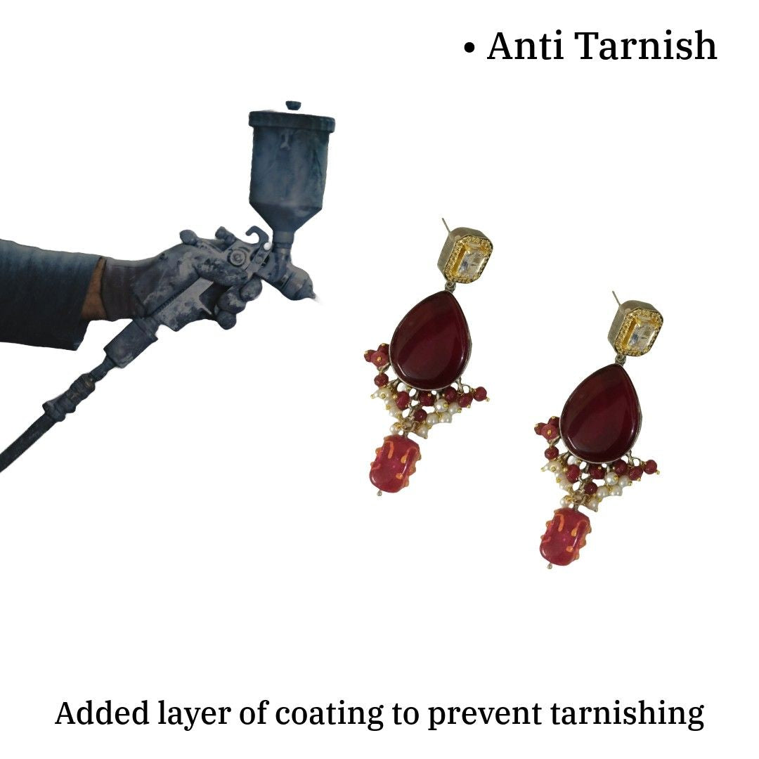 Statement Drop Dangle Earrings, 7.5 cm, Red Ruby Teardrop with Pearl and Crystal Accents, Gold Plated, Anti Tarnish, Water Resistant, Lightweight