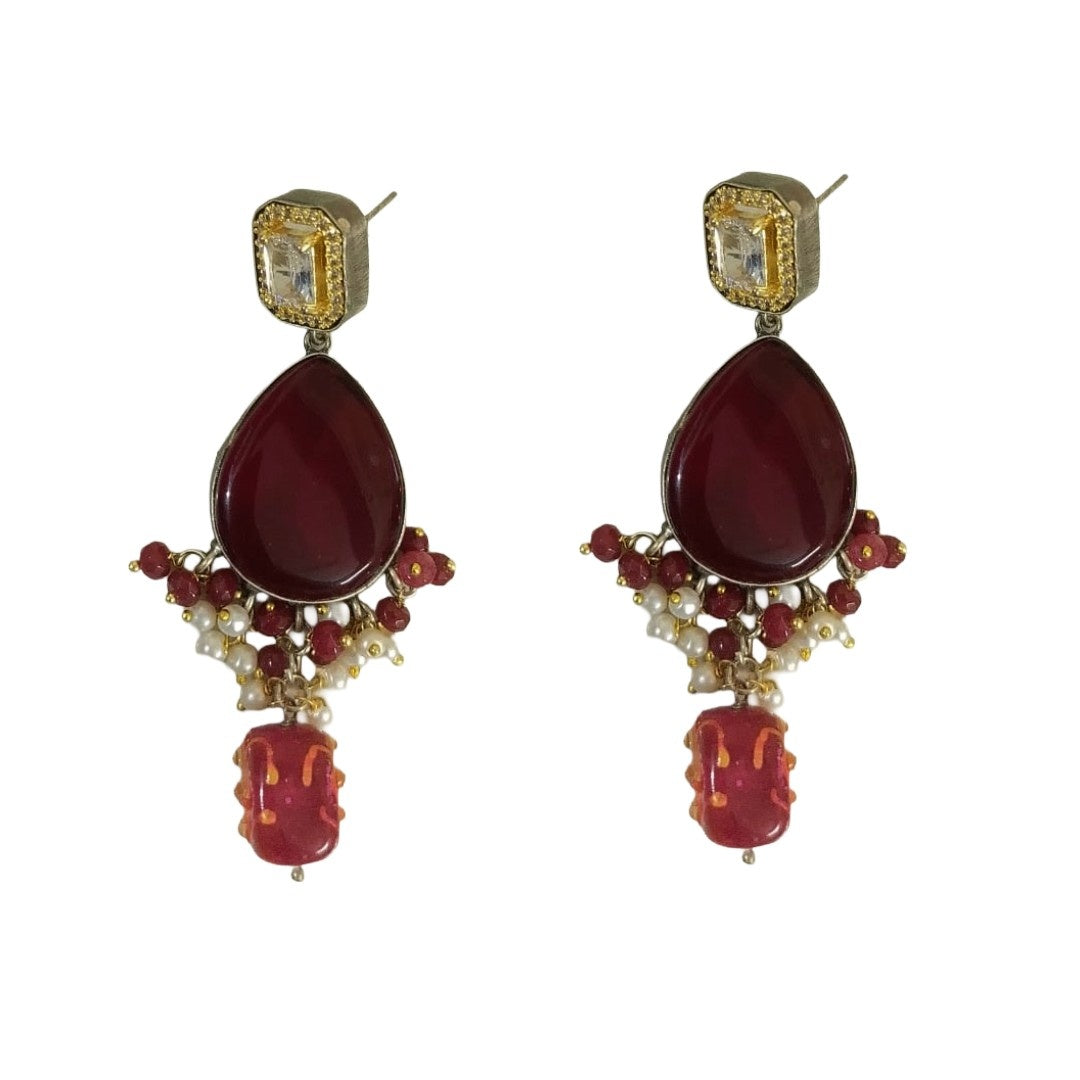 Statement Drop Dangle Earrings, 7.5 cm, Red Ruby Teardrop with Pearl and Crystal Accents, Gold Plated, Anti Tarnish, Water Resistant, Lightweight