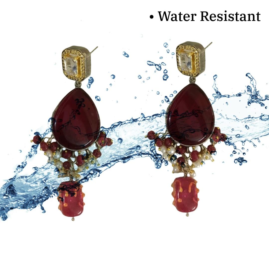 Statement Drop Dangle Earrings, 7.5 cm, Red Ruby Teardrop with Pearl and Crystal Accents, Gold Plated, Anti Tarnish, Water Resistant, Lightweight