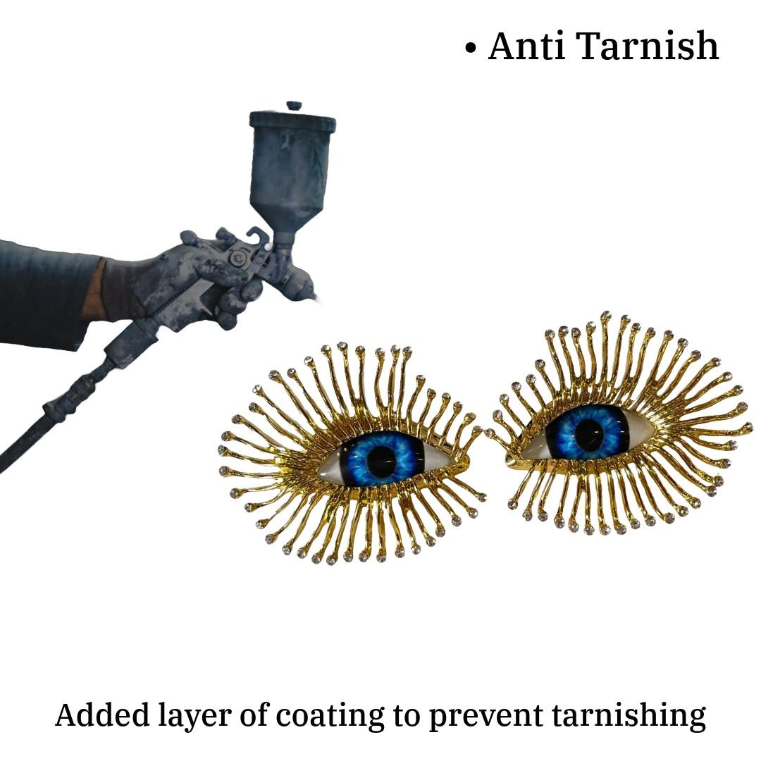 Statement Evil Eye Earrings For Women, 5 cm, Gold-Plated with Blue Crystal Eyes, Sunburst Design, Anti Tarnish, Water Resistant, Lightweight, Gift Packaged