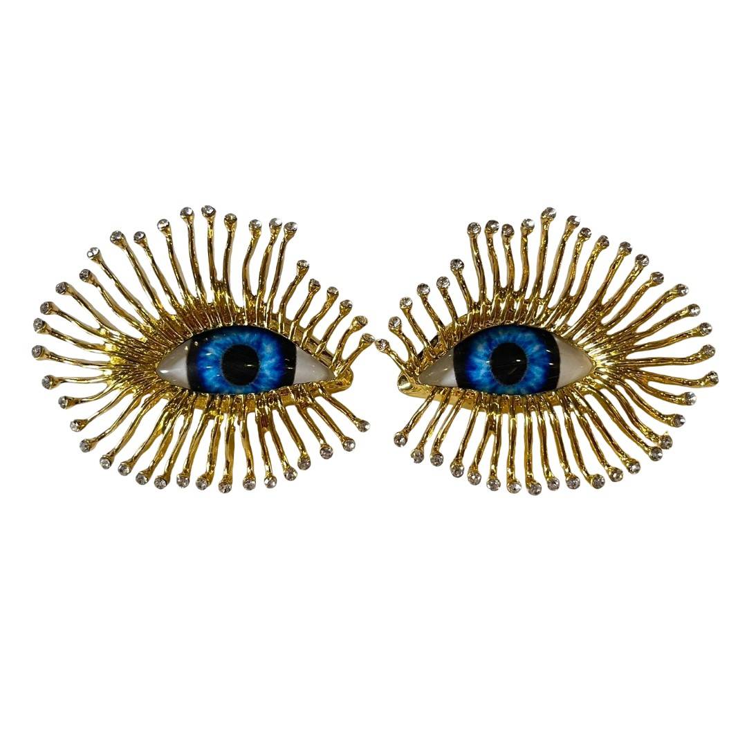 Statement Evil Eye Earrings For Women, 5 cm, Gold-Plated with Blue Crystal Eyes, Sunburst Design, Anti Tarnish, Water Resistant, Lightweight, Gift Packaged