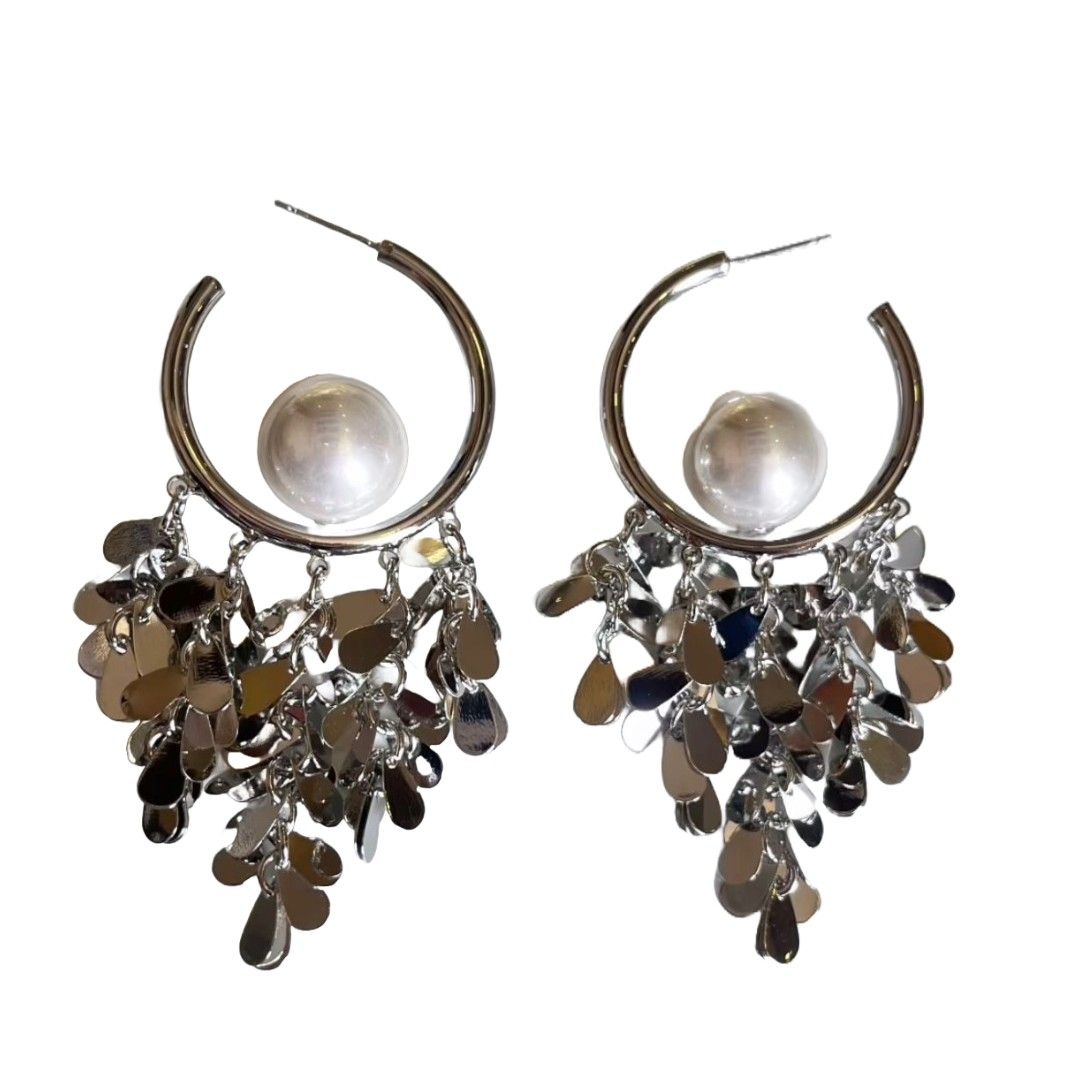 Statement Hoop Earrings with Cascading Silver Metallic Charms, 8 cm, Pearl Accent, Fashion Jewellery, Anti Tarnish, Water Resistant, Lightweight, Gift Packaged