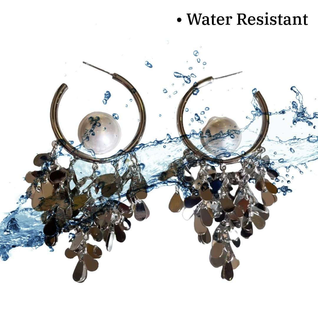 Statement Hoop Earrings with Cascading Silver Metallic Charms, 8 cm, Pearl Accent, Fashion Jewellery, Anti Tarnish, Water Resistant, Lightweight, Gift Packaged