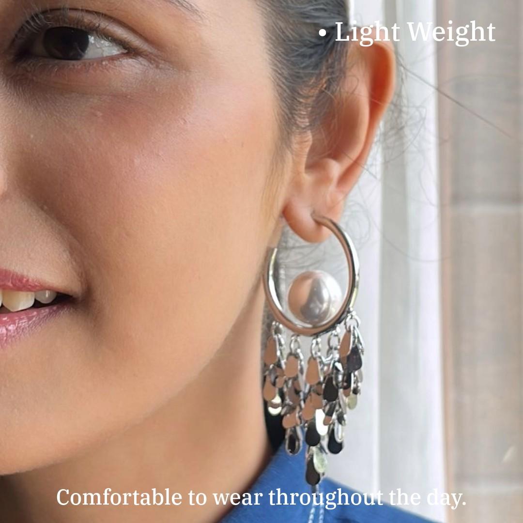 Statement Hoop Earrings with Cascading Silver Metallic Charms, 8 cm, Pearl Accent, Fashion Jewellery, Anti Tarnish, Water Resistant, Lightweight, Gift Packaged