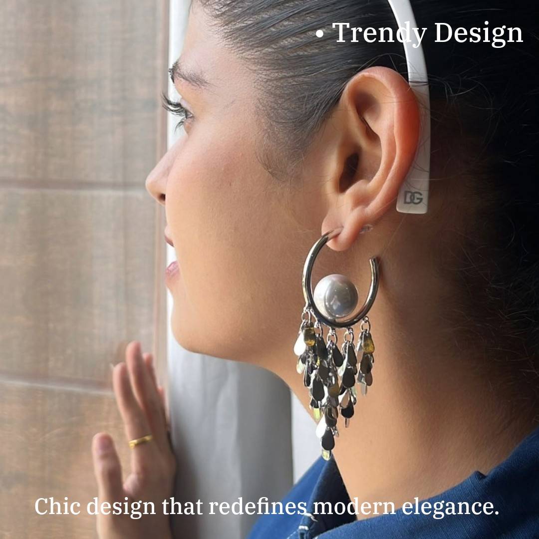 Statement Hoop Earrings with Cascading Silver Metallic Charms, 8 cm, Pearl Accent, Fashion Jewellery, Anti Tarnish, Water Resistant, Lightweight, Gift Packaged