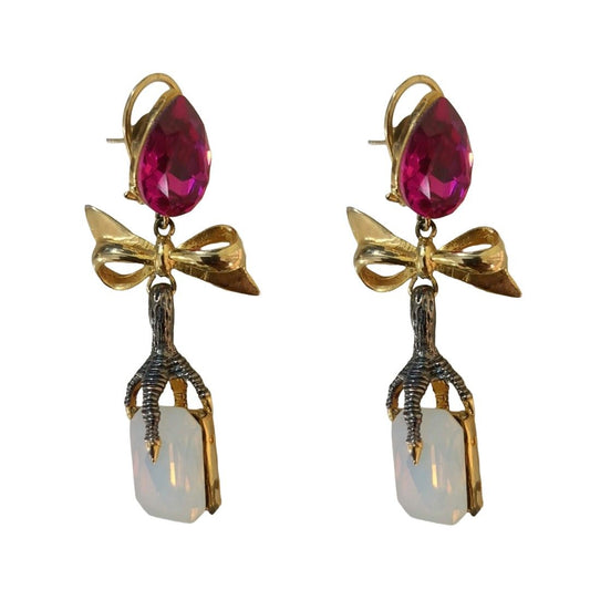 Style Drop Earrings, Gold-Plated Bow Design, 7 cm, Pink and Opal Stone, Dangle Statement Jewellery, Anti Tarnish, Water Resistant, Lightweight