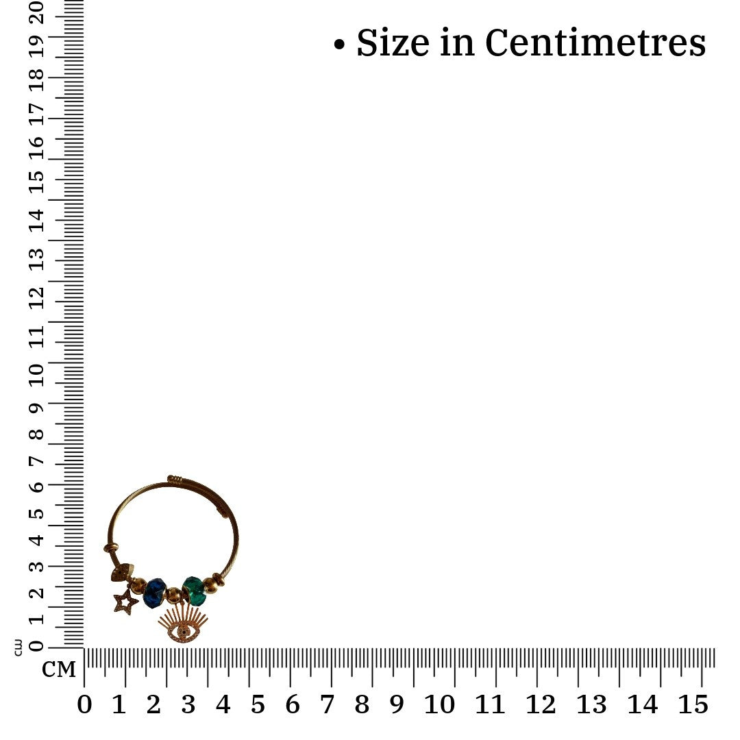 Stylish Cable Wire Bracelet for Women with Eye, Star, Moon Charms, Green and Blue Crystal Beads, Gold Plated, Anti Tarnish