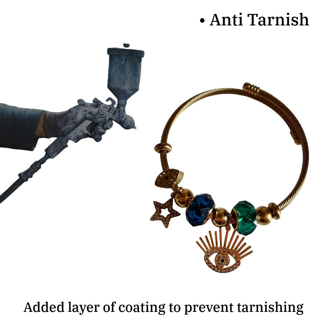 Stylish Cable Wire Bracelet for Women with Eye, Star, Moon Charms, Green and Blue Crystal Beads, Gold Plated, Anti Tarnish