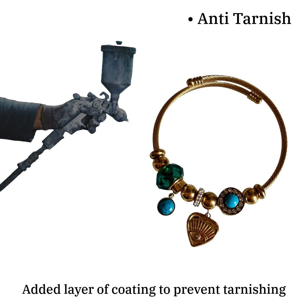 Stylish Gold Plated Cable Wire Bracelet for Women, Adjustable Bracelets, Green Crystal, Heart Charm, Anti Tarnish, Water Resistant, Lightweight, Gift Packaged