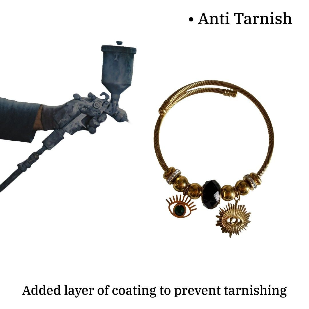 Stylish Gold Twisted Cable Bracelet for Women with Evil Eye Charms, Black Crystal Bead, Adjustable, Anti Tarnish, Water Resistant