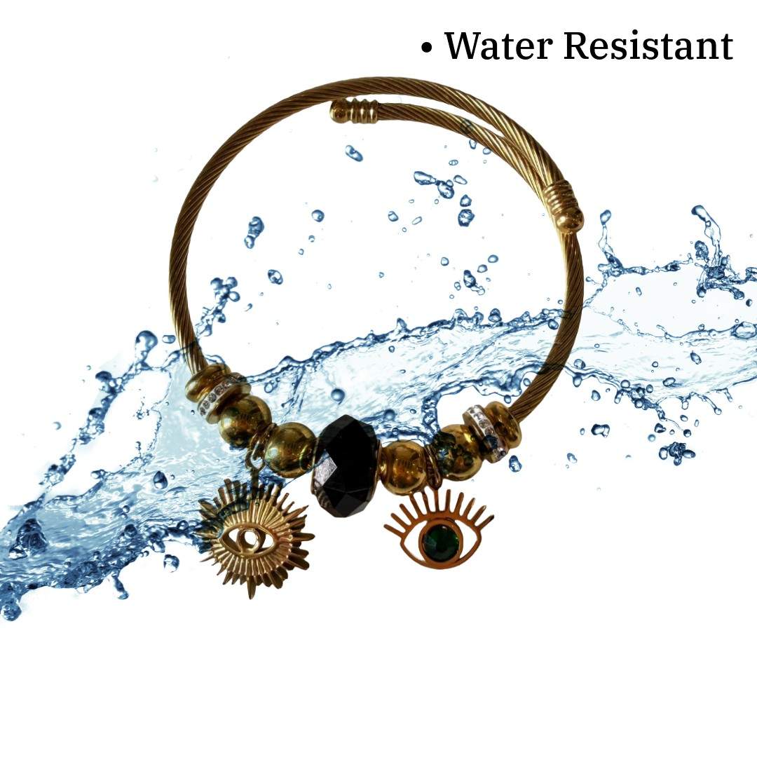 Stylish Gold Twisted Cable Bracelet for Women with Evil Eye Charms, Black Crystal Bead, Adjustable, Anti Tarnish, Water Resistant