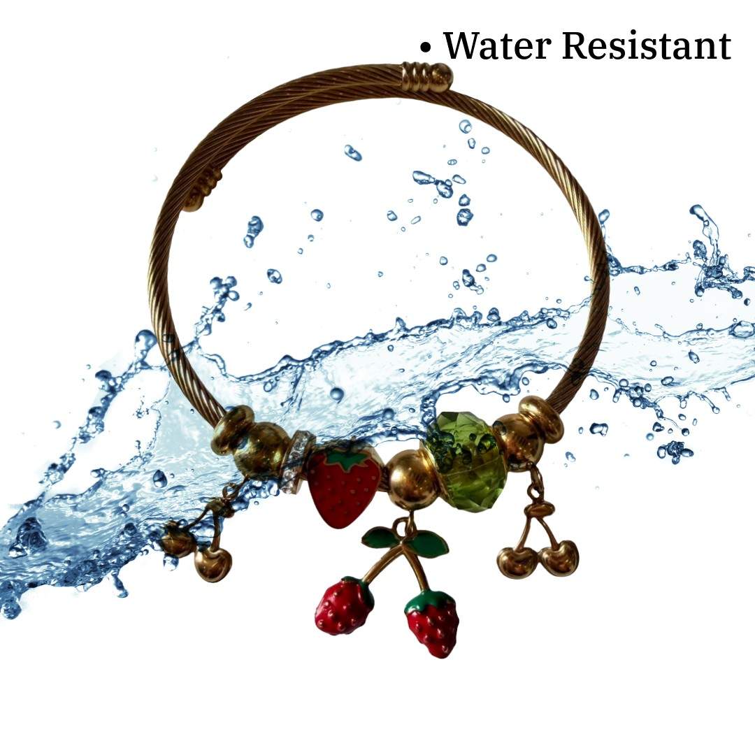 Stylish Twisted Cable Bracelet for Women with Fruit Charms, Gold Plated with Strawberry and Cherry Dangles, Anti Tarnish, Water Resistant
