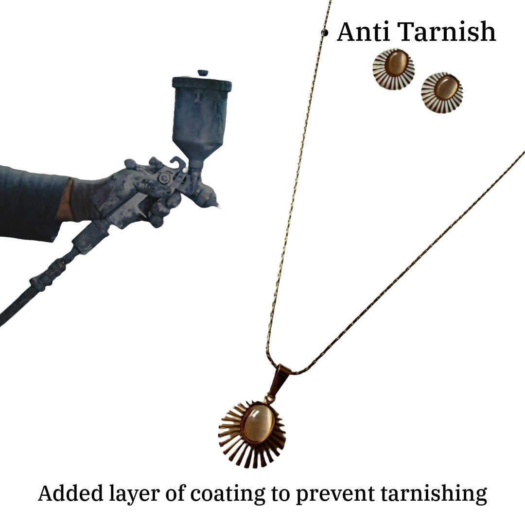 Sunburst Pendant Necklace and Earrings Set for Women, Brown, Gold Finish, Anti Tarnish, Water Resistant, Lightweight, Gift Packaged